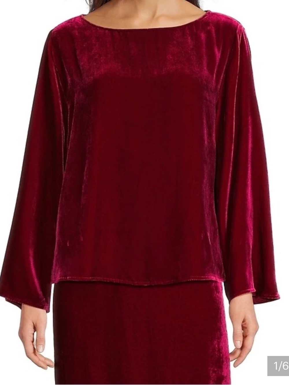 EILEEN FISHER Ruby Bateau Viscose Silk Long Sleeve Velvet Neck Top, NWT